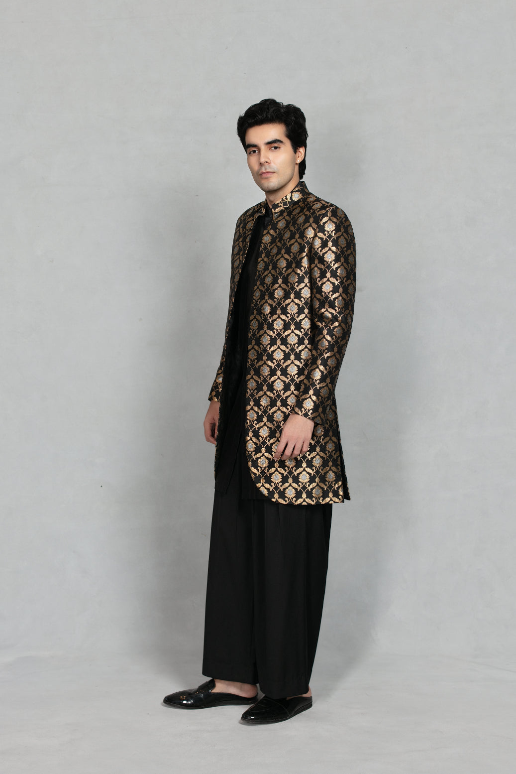 Jashn Indowestern Jacket Set in Black/ Gold