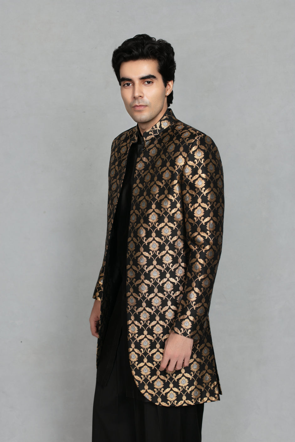 Jashn Indowestern Jacket Set in Black/ Gold