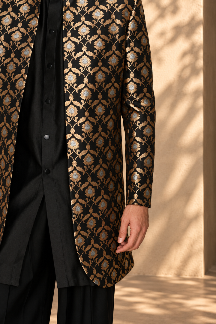 Jashn Indowestern Jacket Set in Black/ Gold
