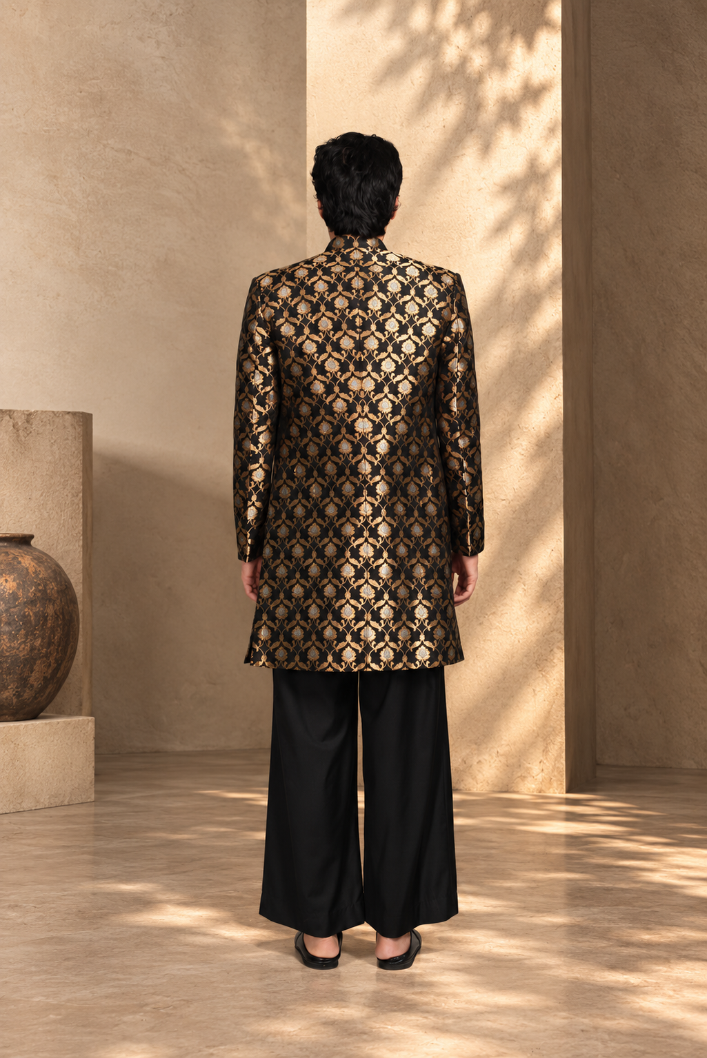 Jashn Indowestern Jacket Set in Black/ Gold