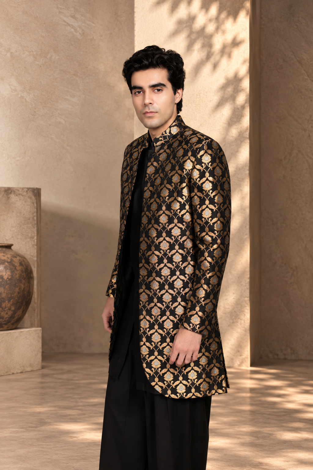 Jashn Indowestern Jacket Set in Black/ Gold