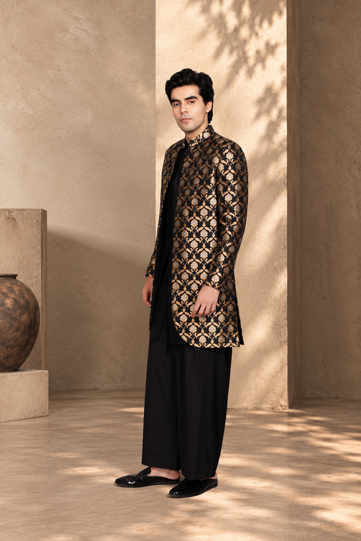 Jashn Indowestern Jacket Set in Black/ Gold