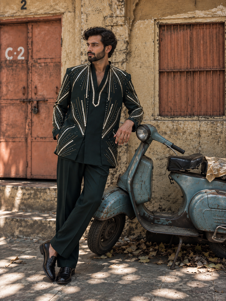 Zarvan Indo Western Jacket Set in Emarald Green