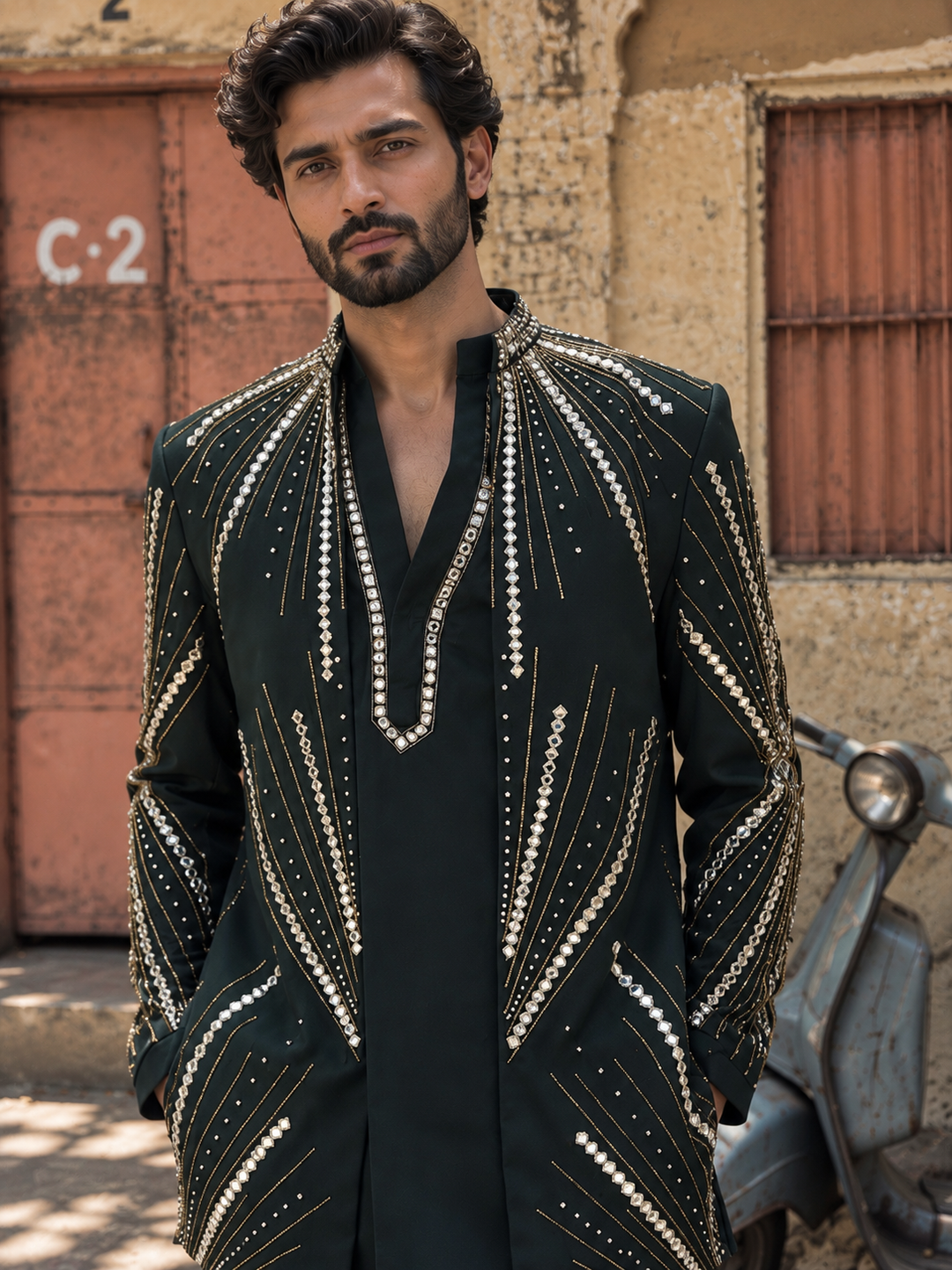 Zarvan Indo Western Jacket Set in Emarald Green