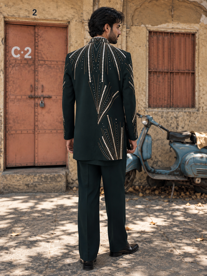 Zarvan Indo Western Jacket Set in Emarald Green
