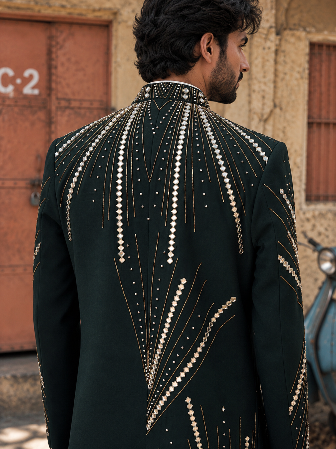 Zarvan Indo Western Jacket Set in Emarald Green