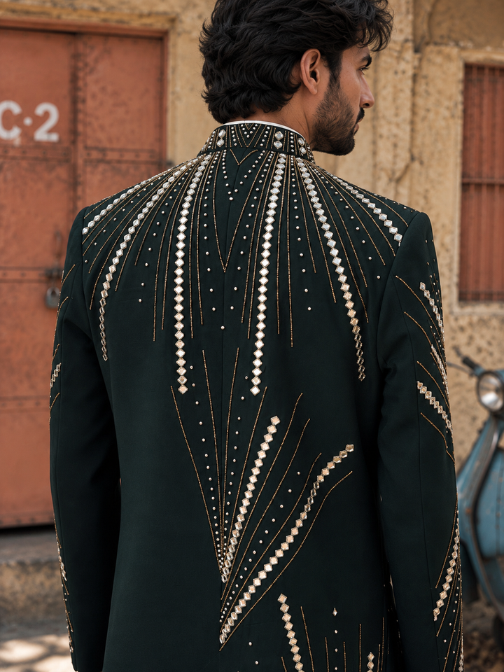 Zarvan Indo Western Jacket Set in Emarald Green