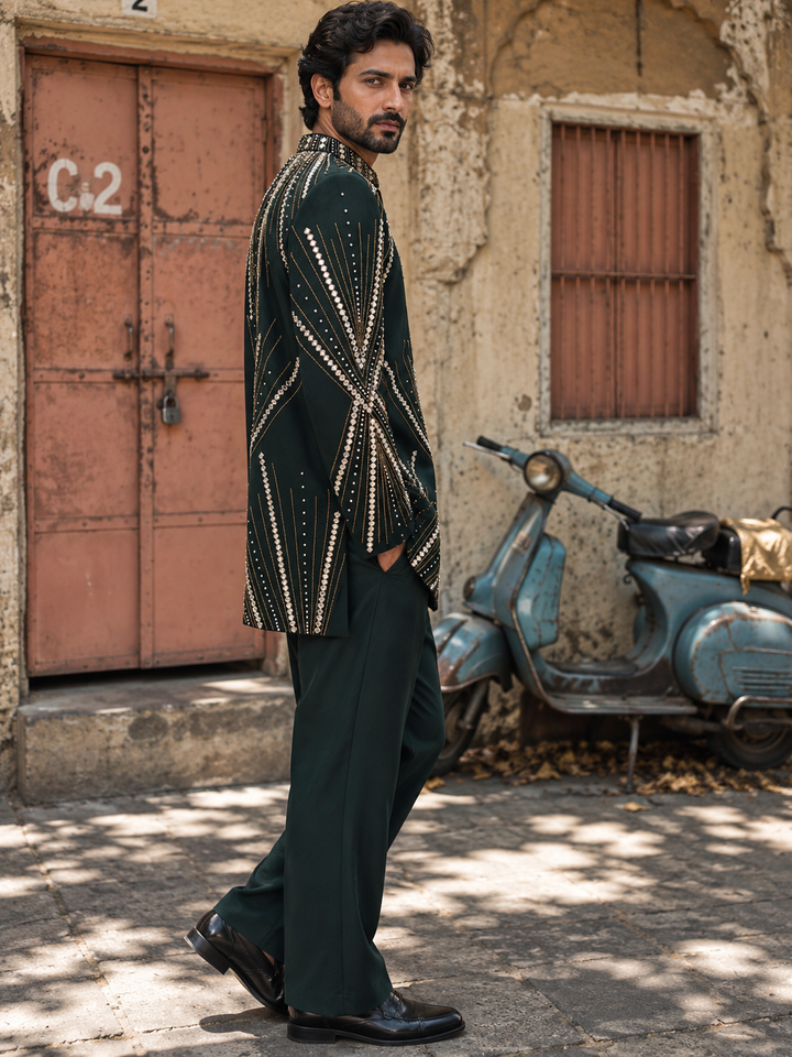 Zarvan Indo Western Jacket Set in Emarald Green