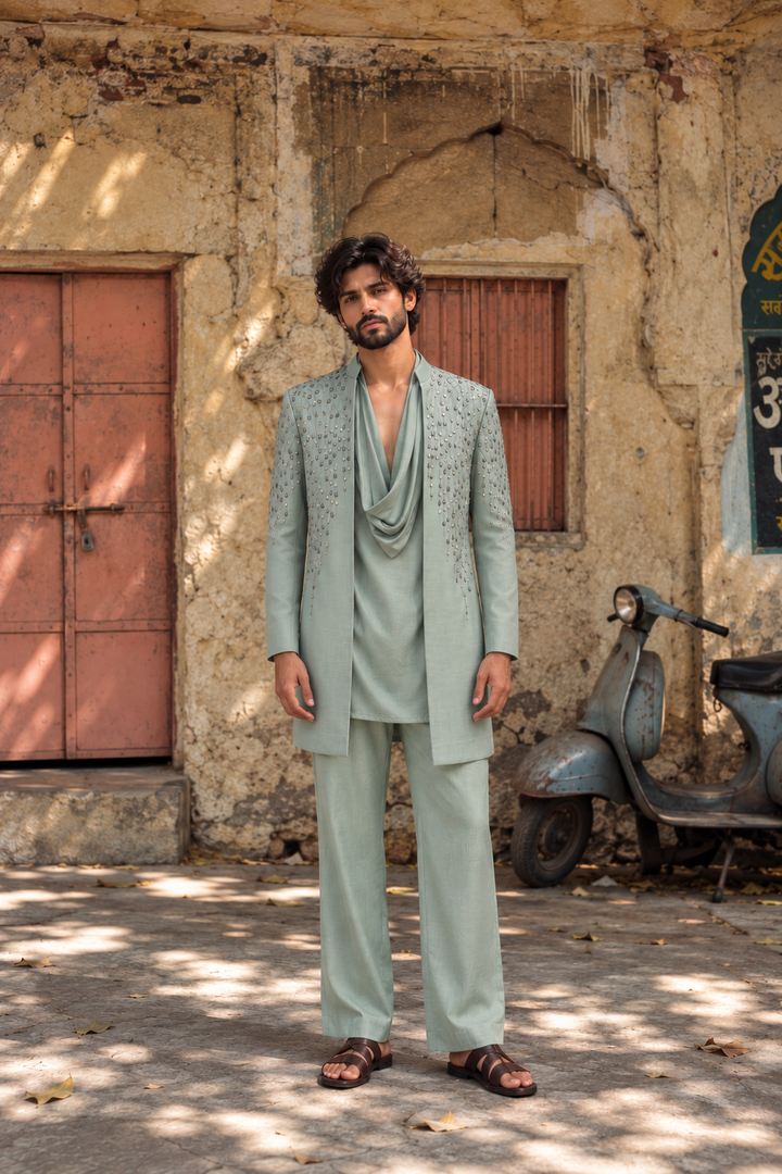 Mehran Indo Western Jacket Set in Mint Green
