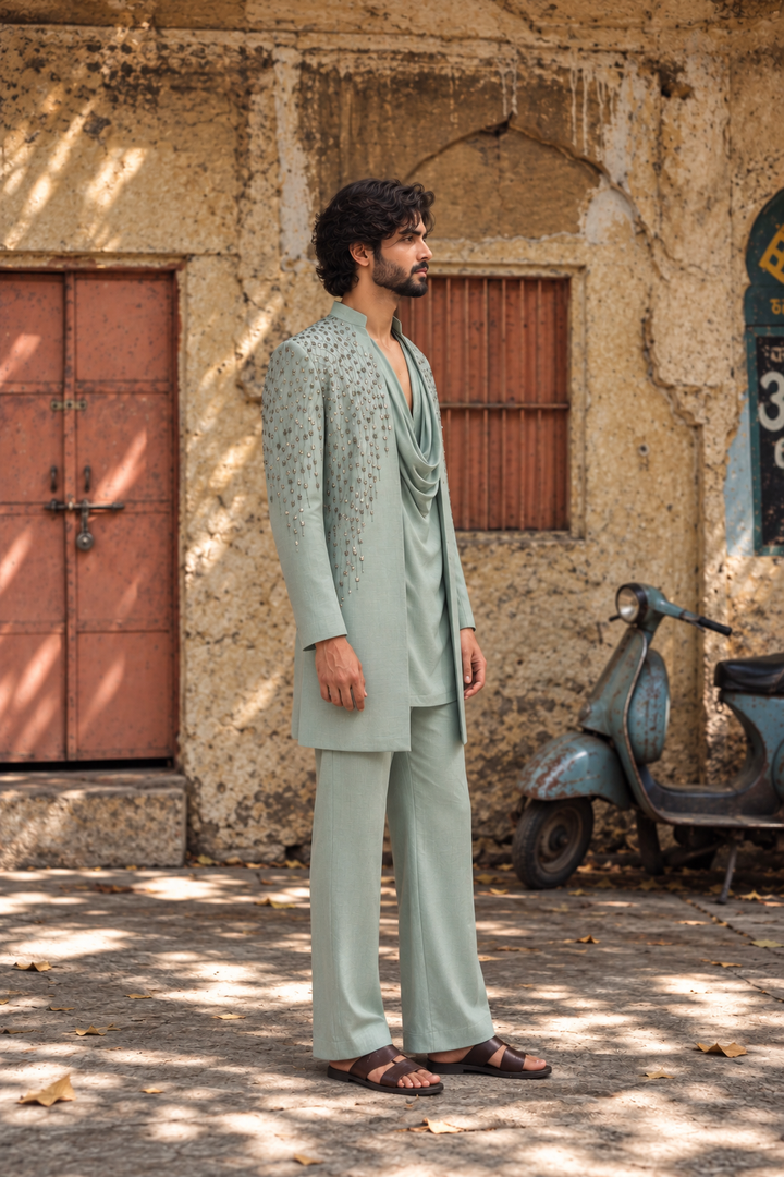 Mehran Indo Western Jacket Set in Mint Green