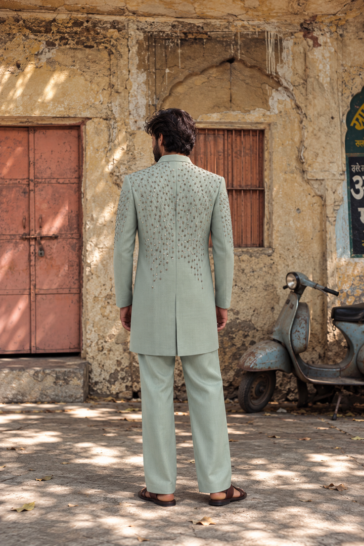 Mehran Indo Western Jacket Set in Mint Green