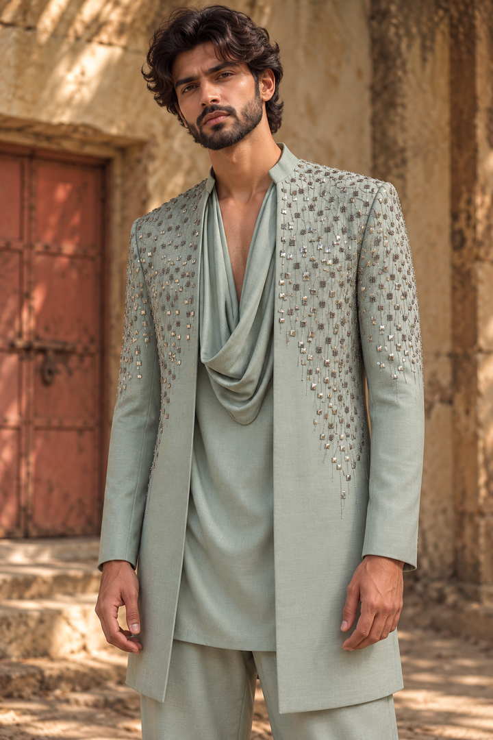 Mehran Indo Western Jacket Set in Mint Green