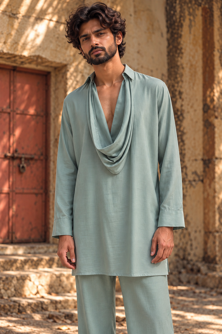 Mehran Indo Western Jacket Set in Mint Green