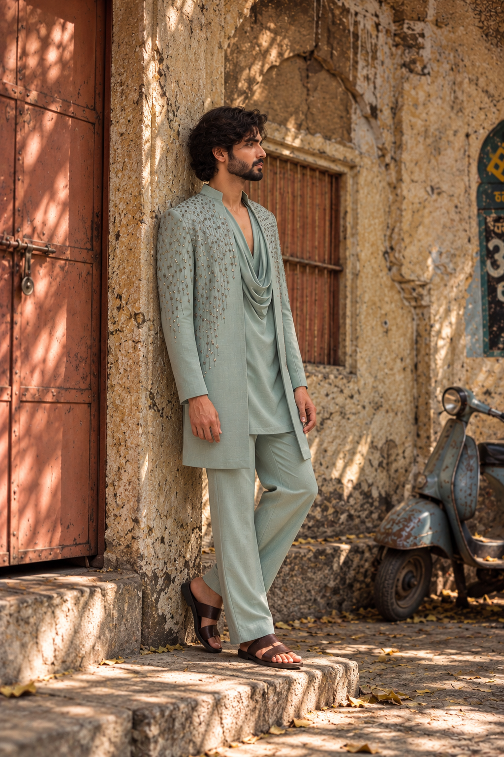 Mehran Indo Western Jacket Set in Mint Green