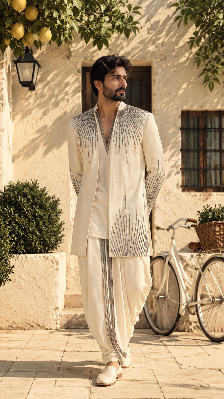 Aarham Indo Western Jacket Set in Off White