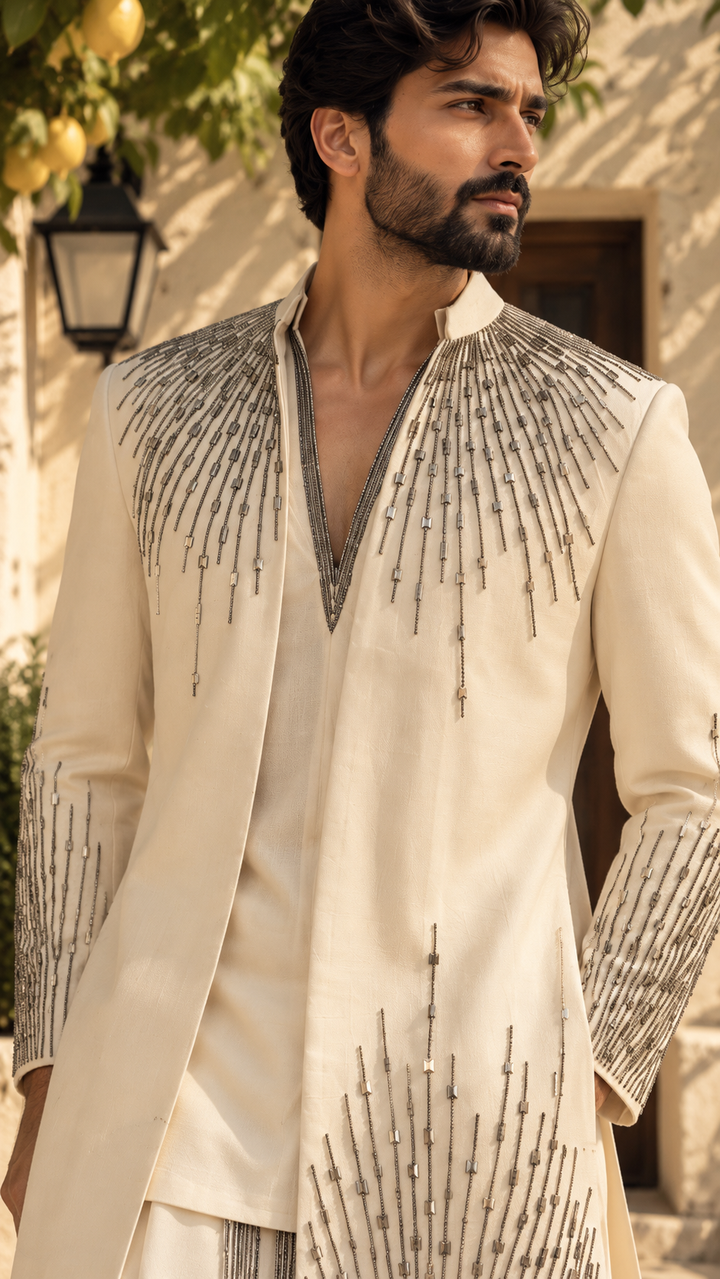 Aarham Indo Western Jacket Set in Off White
