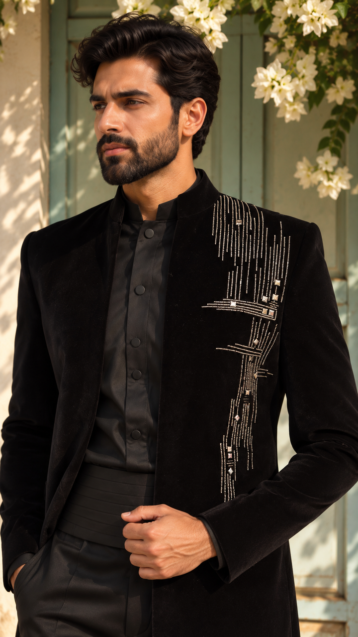 Shahraaz Indo Western Jacket Set in Black