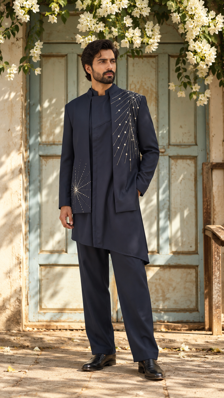 Aftaab Indo Western Jacket Set in Navy Blue