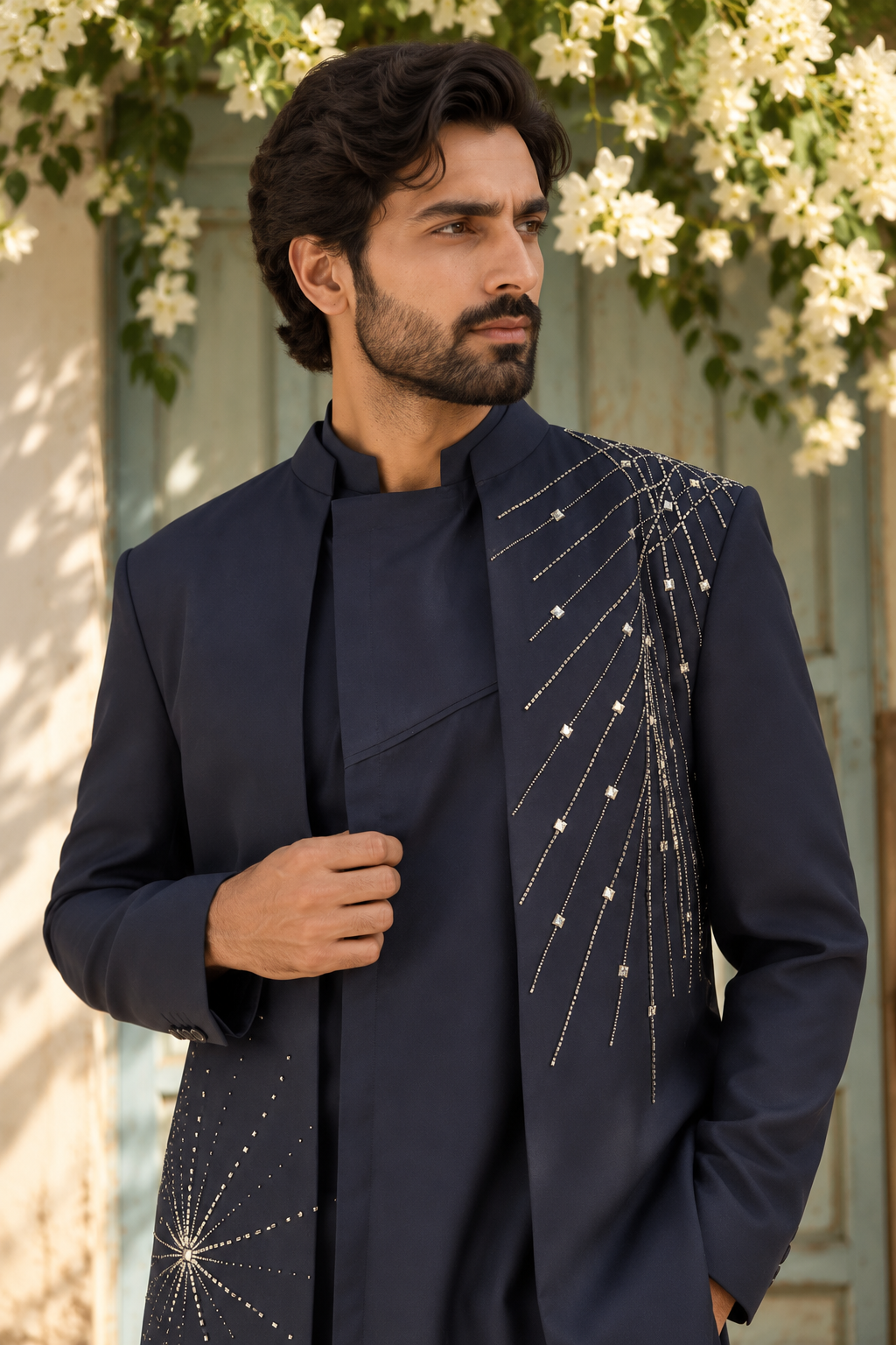 Aftaab Indo Western Jacket Set in Navy Blue