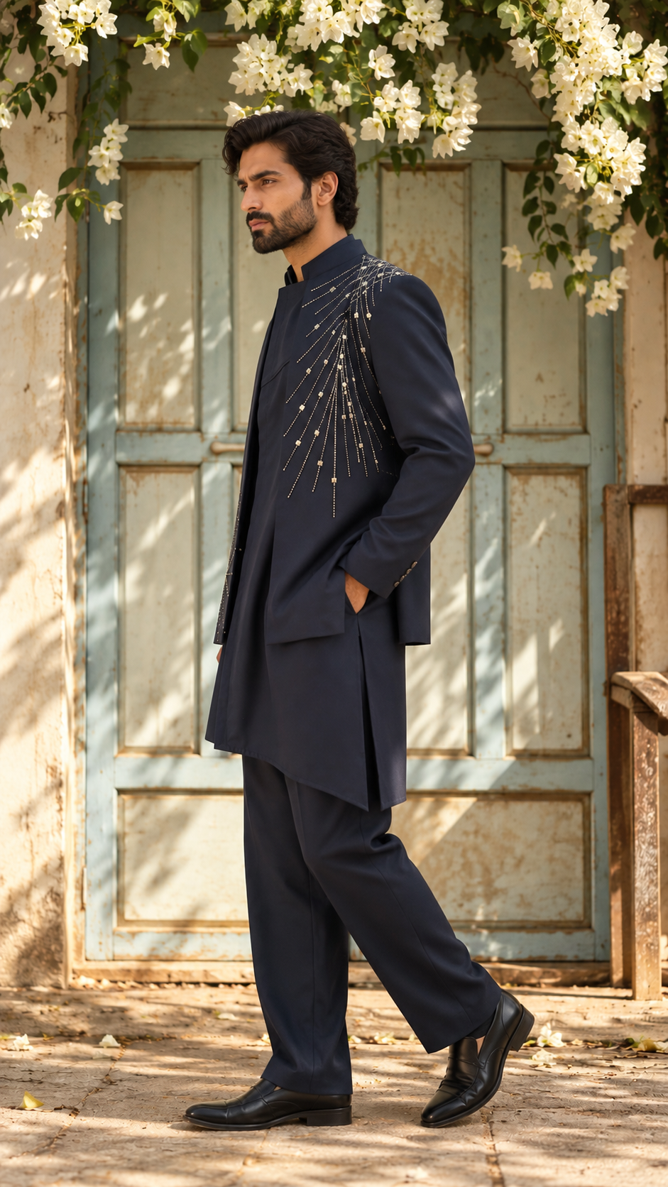 Aftaab Indo Western Jacket Set in Navy Blue