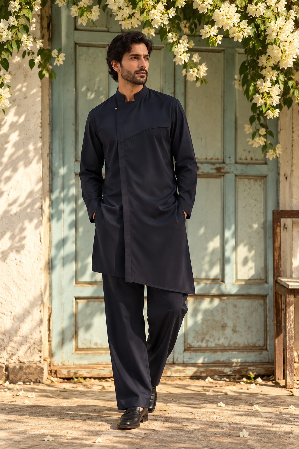 Aftaab Indo Western Jacket Set in Navy Blue