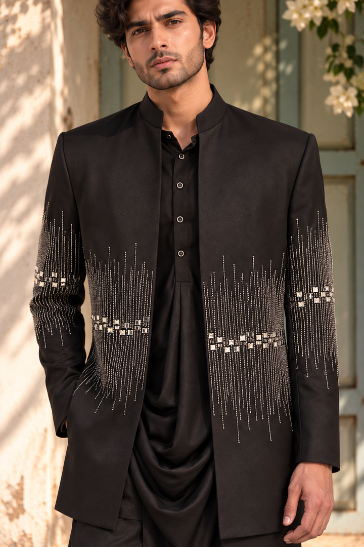 Zarqash Indo Western Jacket Set in Black