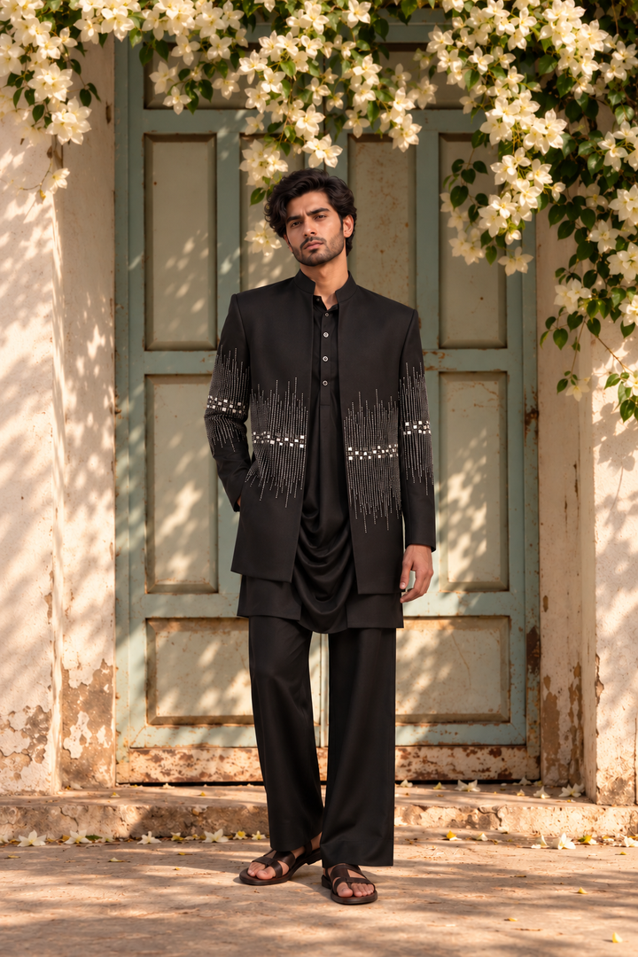 Zarqash Indo Western Jacket Set in Black