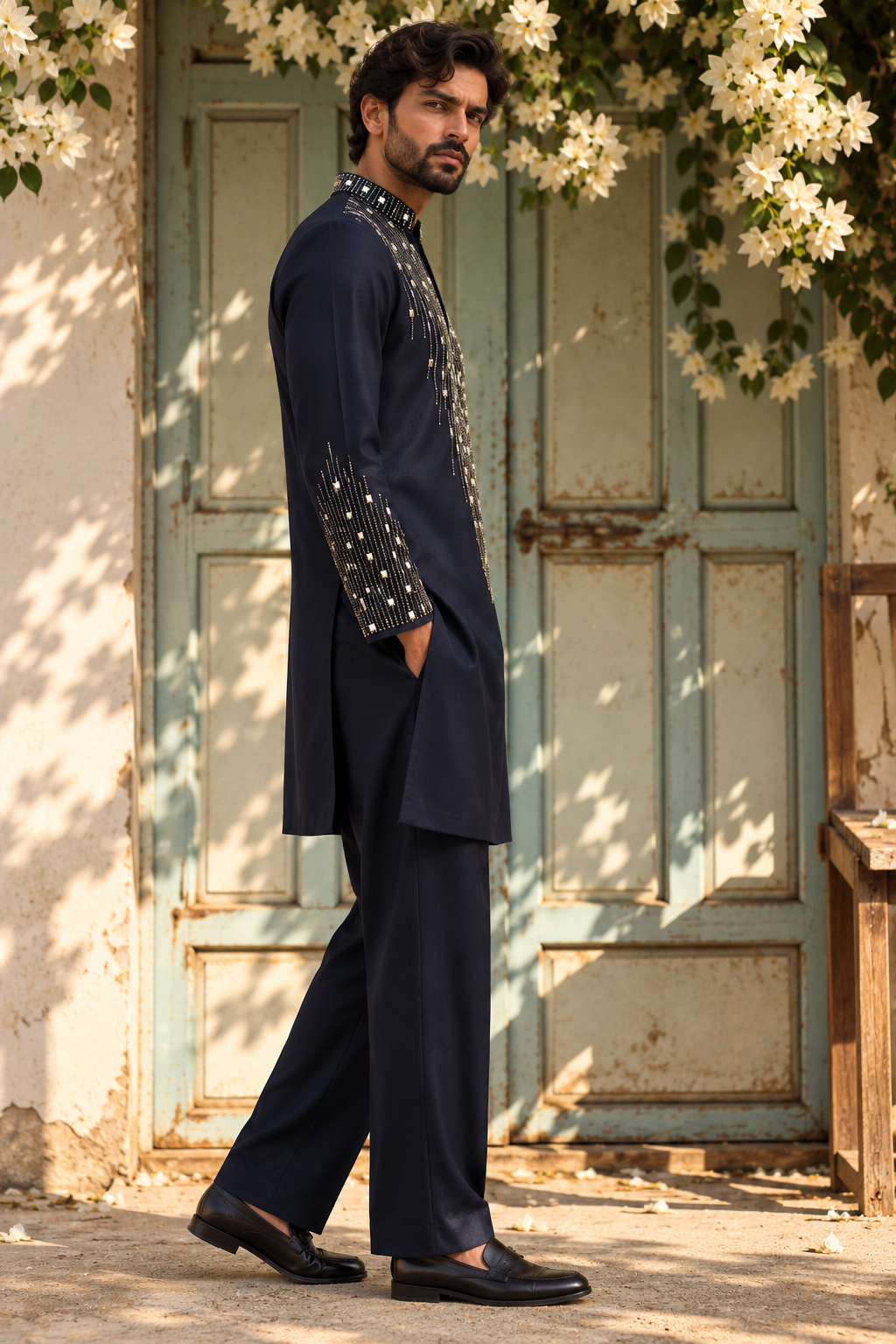 Shabnoor Kurta Set in Navy Blue