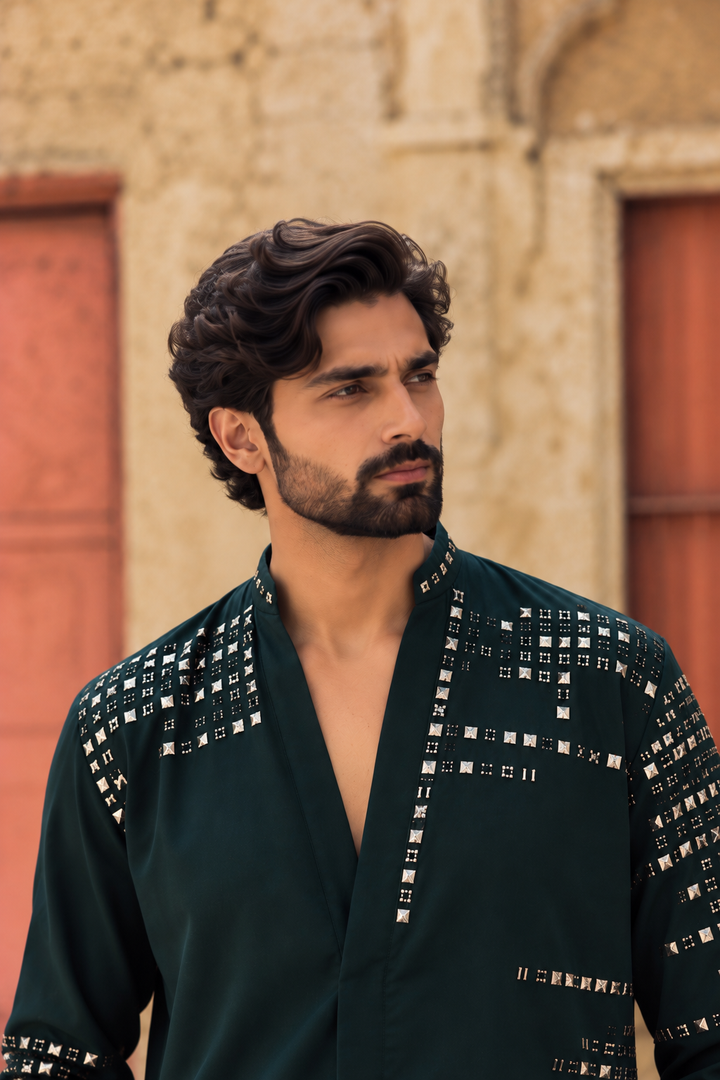 Aarunya Kurta Set in Bottle Green