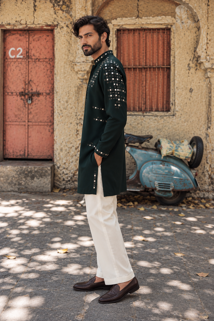 Aarunya Kurta Set in Bottle Green
