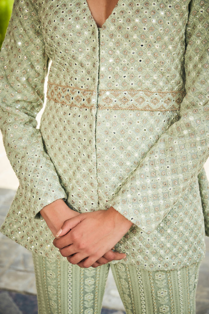 Rania- Pastel Green Mirror Work & Chikankari Tunic Set