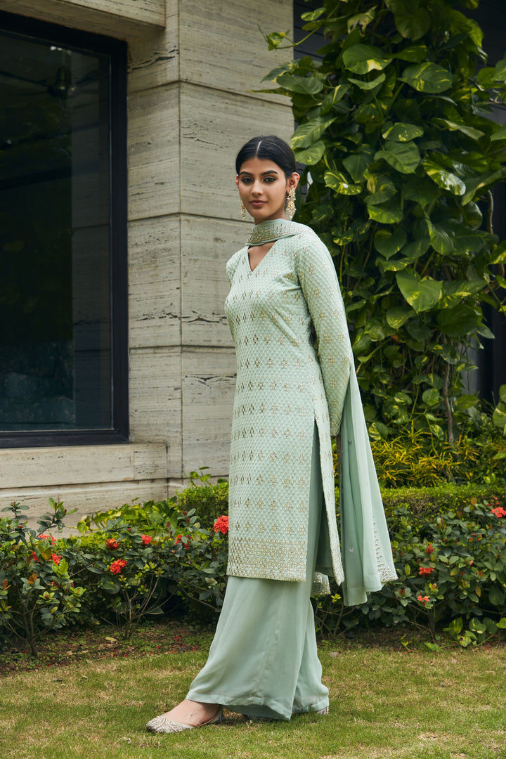 Rohana- Pastel Green Mirror Work & Chikankari Embroidered Suit Set