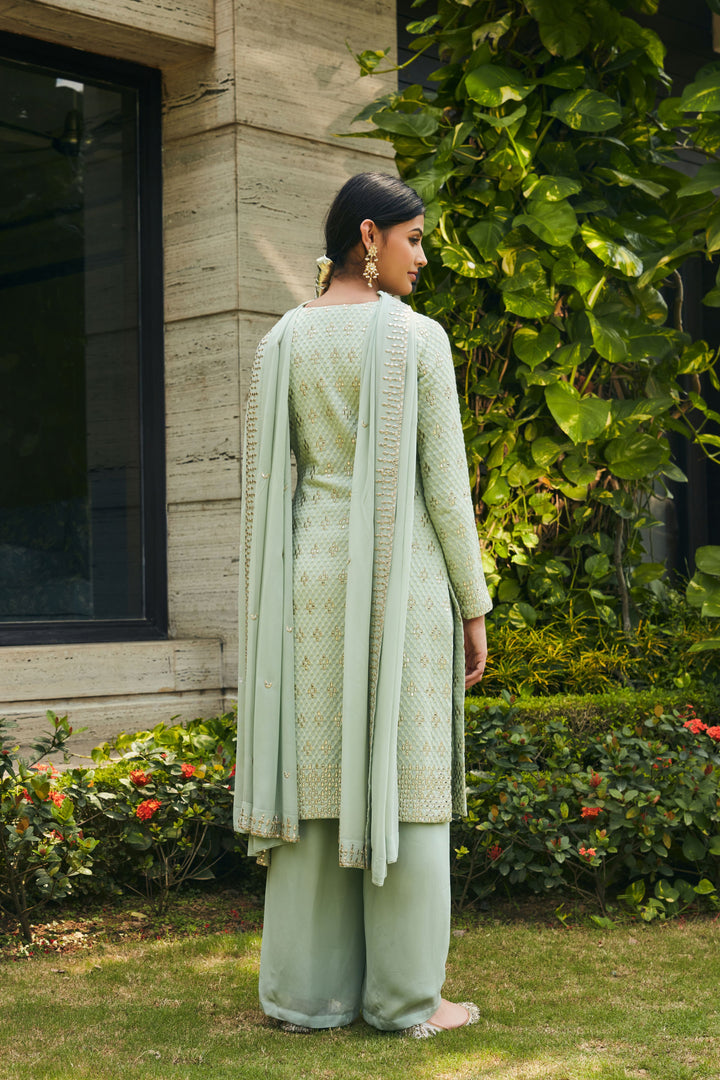 Rohana- Pastel Green Mirror Work & Chikankari Embroidered Suit Set