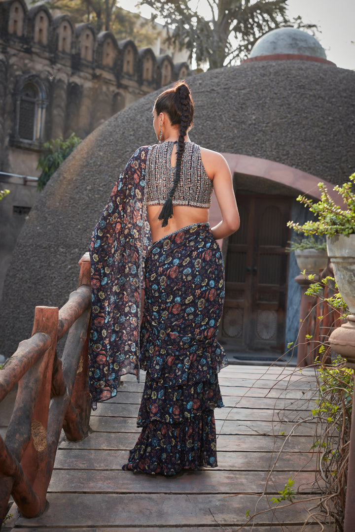 Amari- Printed Ruffle Saree Set - Bohame