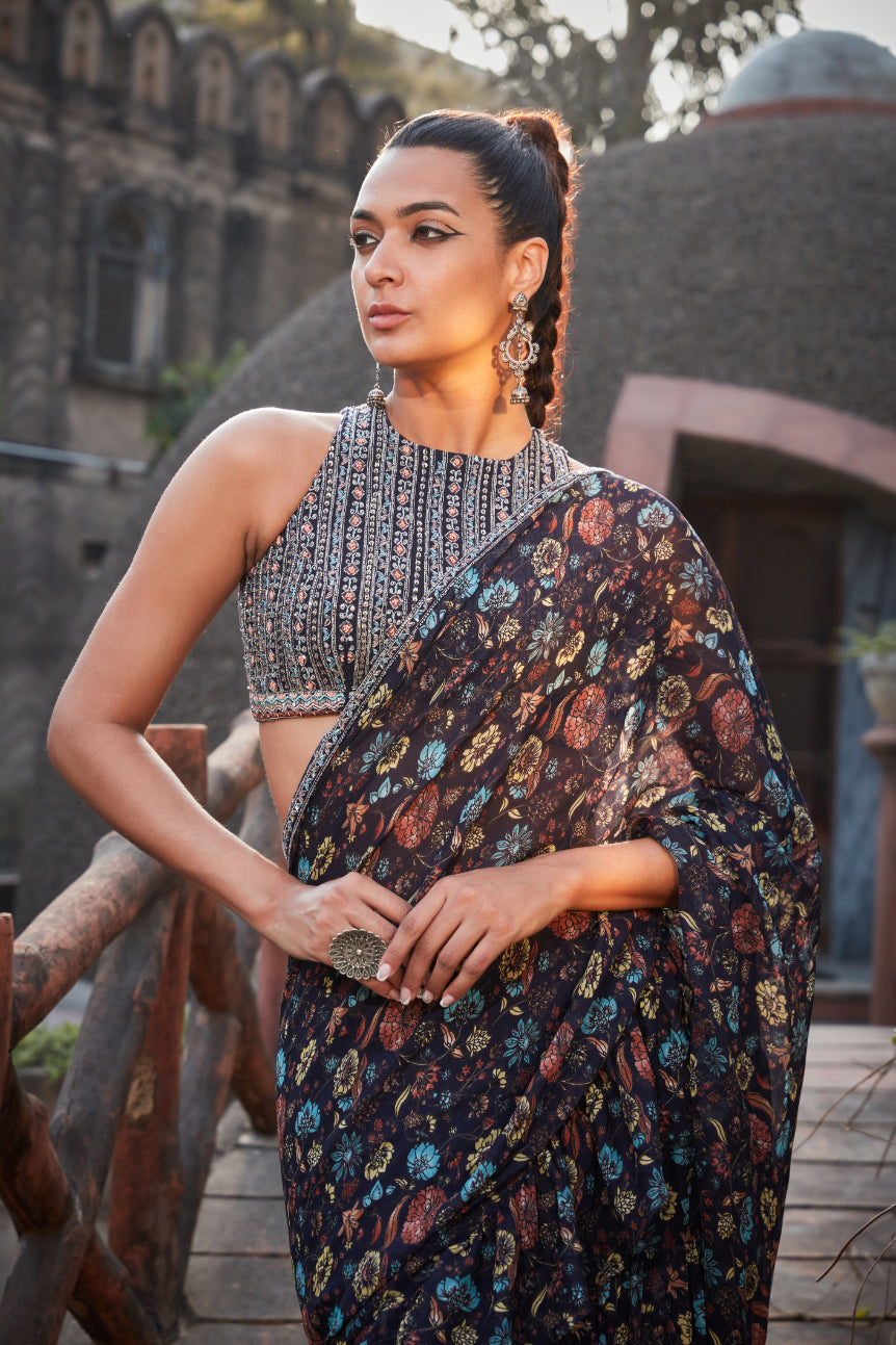 Amari- Printed Ruffle Saree Set