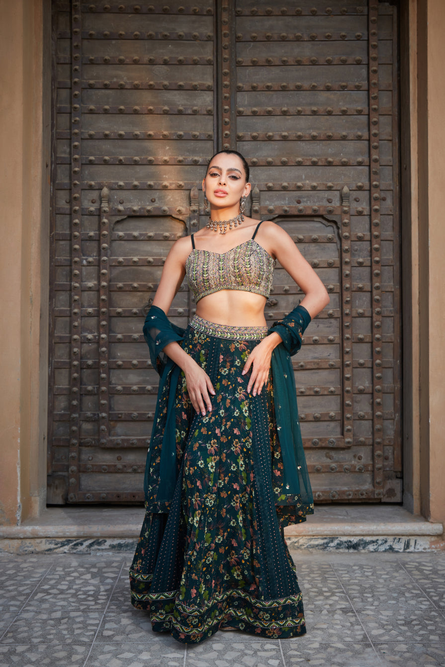 Shani- Green Printed Lehenga Set - Bohame