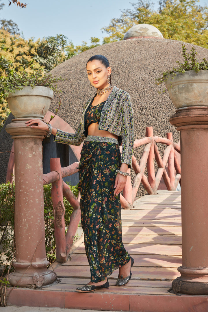 Essence- Green Printed Drape Skirt Set