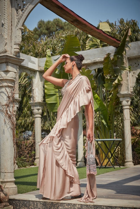 Vaire- Champagne Embroidered Ruffle Saree Set