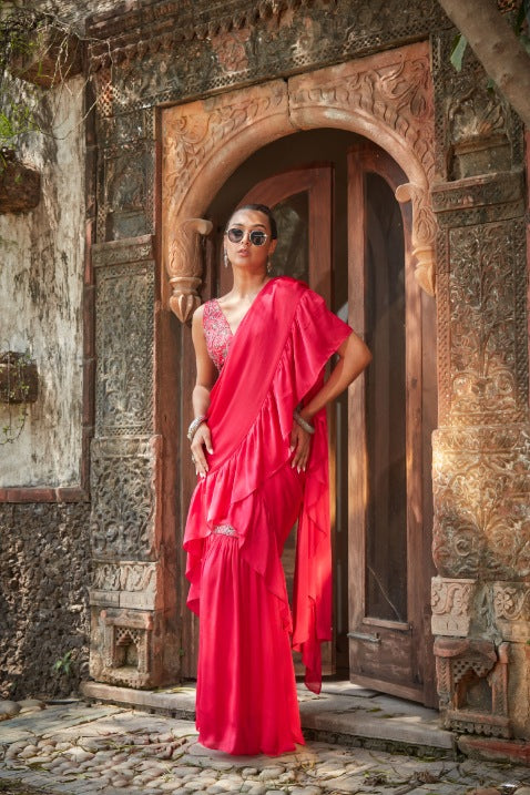 Laila- Hot Pink Embroidered Ruffle Saree Set