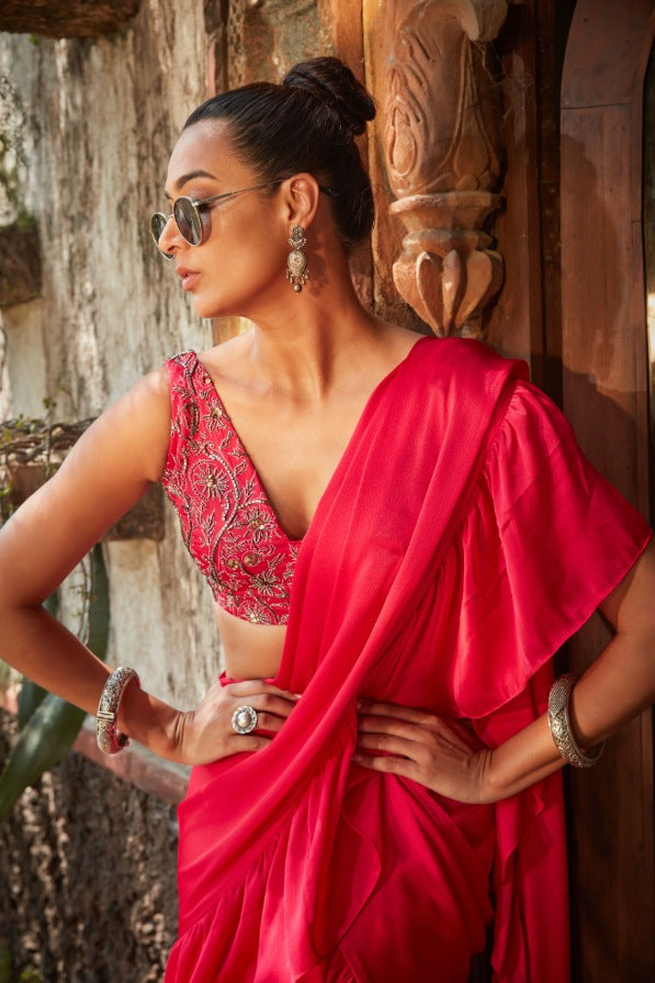Laila- Hot Pink Embroidered Ruffle Saree Set