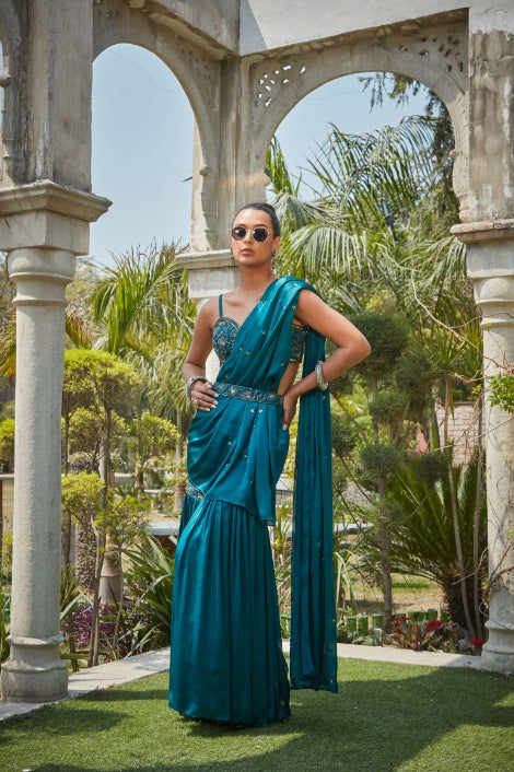 Fia- Teal Green Embroidered Concept Saree Set