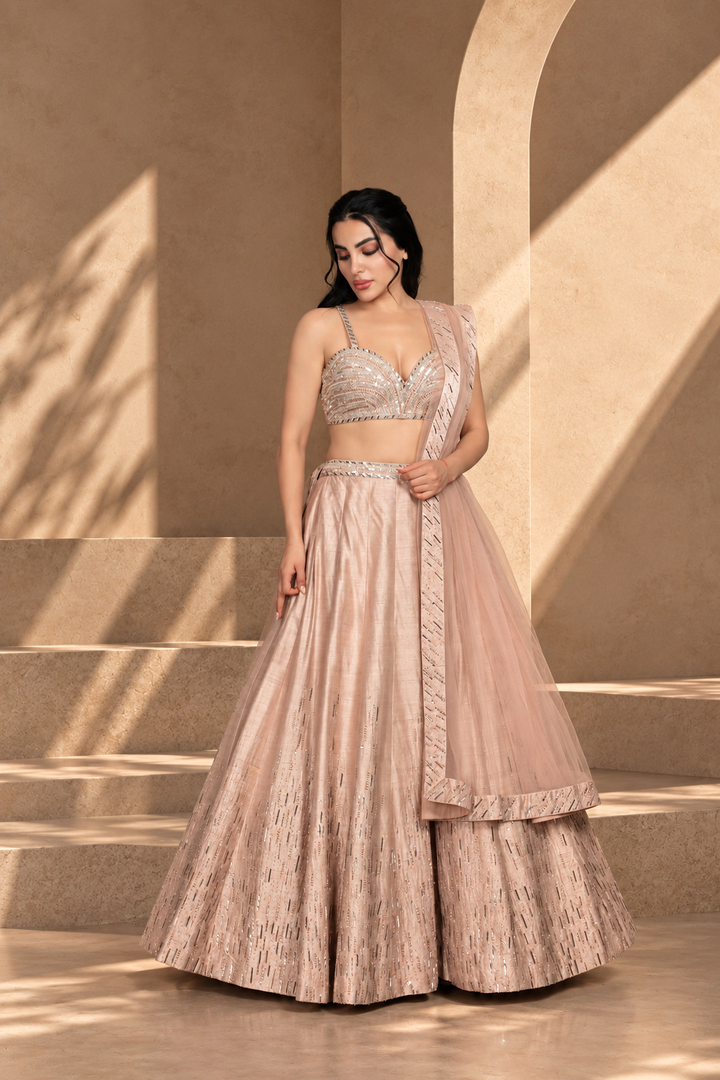 Zarkashi Lehenga Set in Champagne