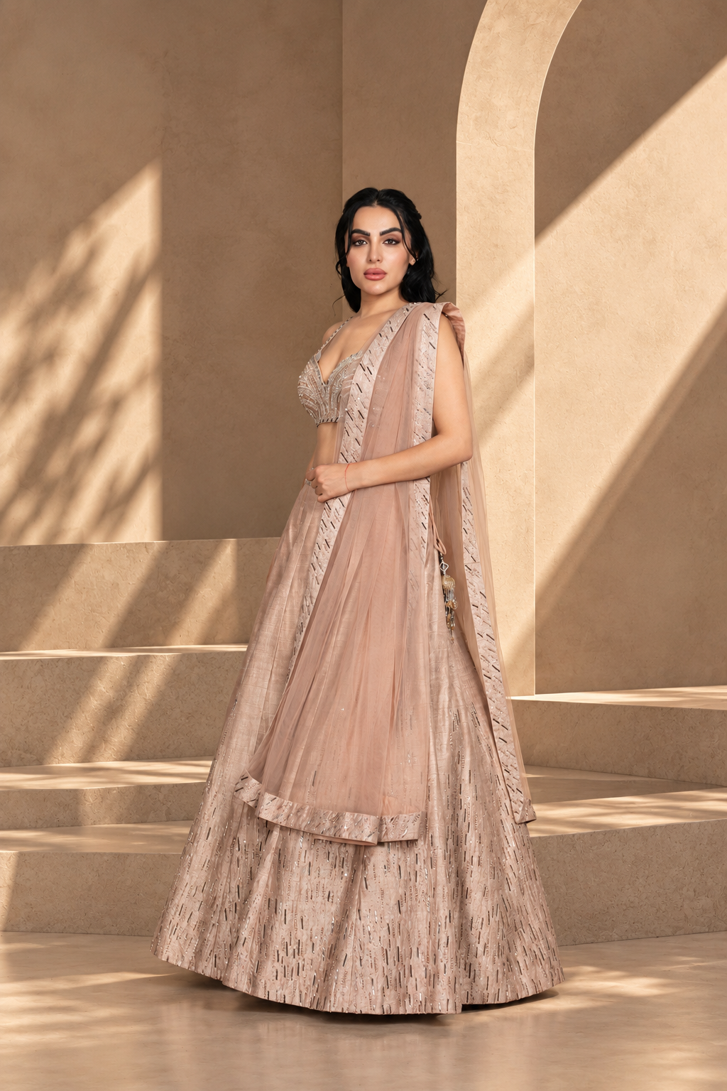 Zarkashi Lehenga Set in Champagne