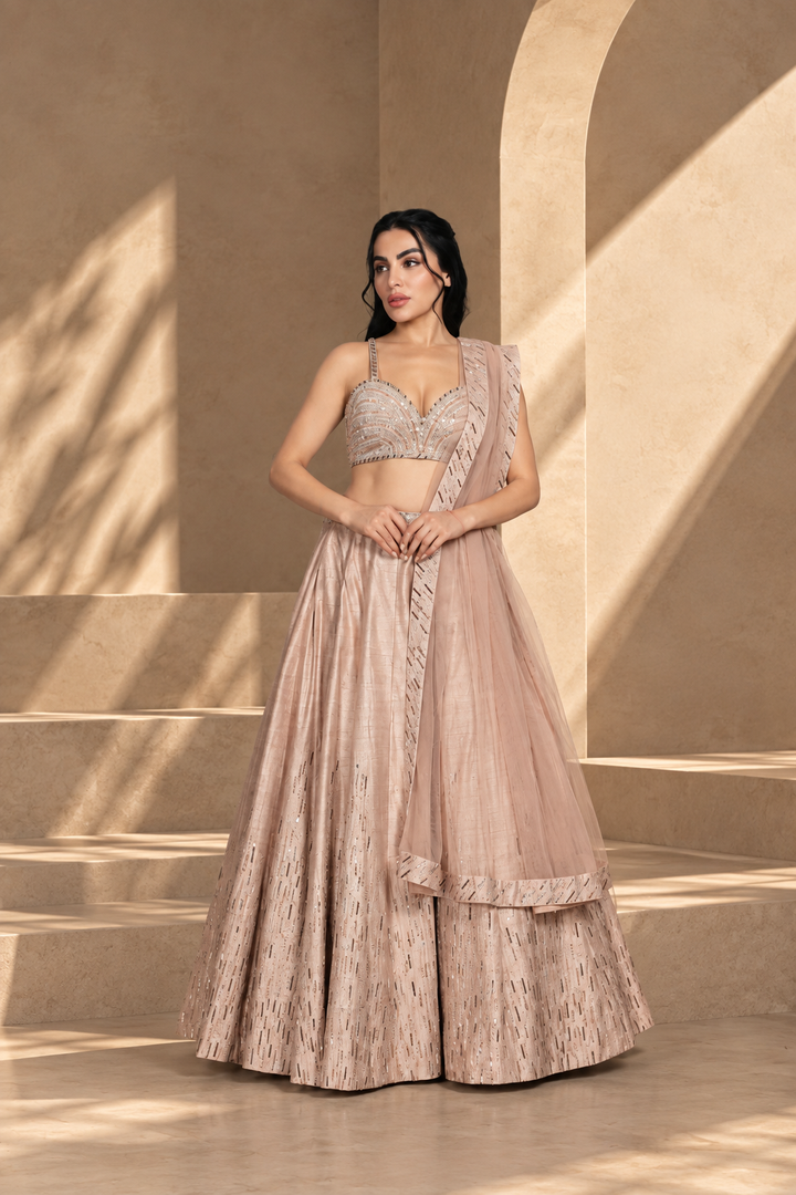 Zarkashi Lehenga Set in Champagne