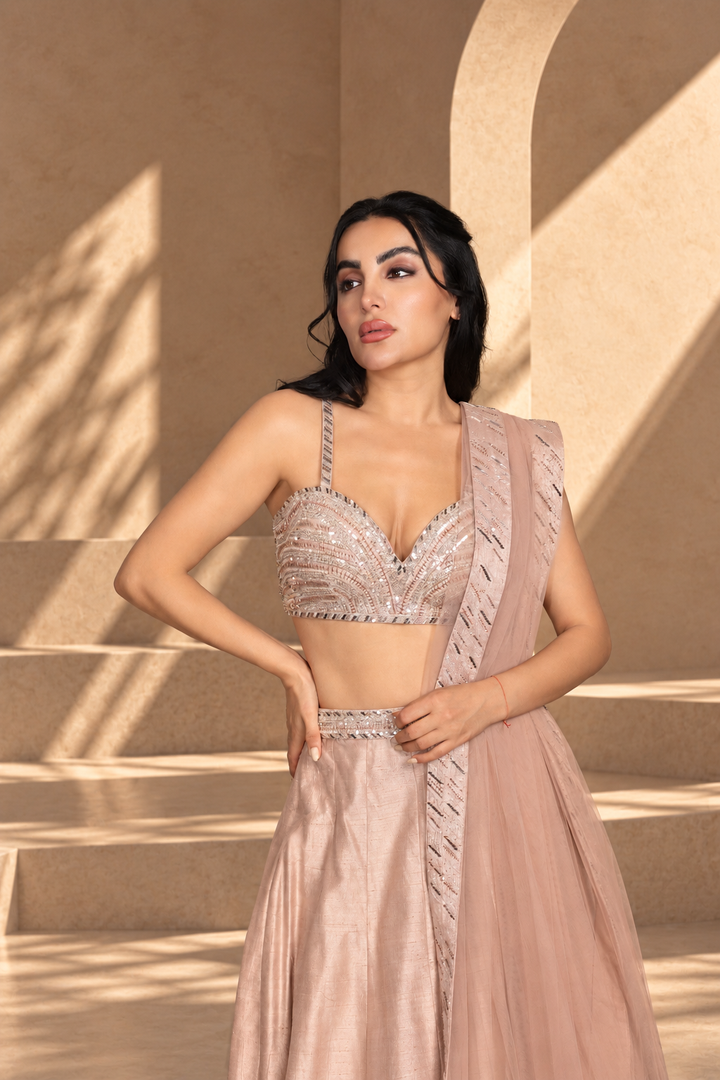 Zarkashi Lehenga Set in Champagne