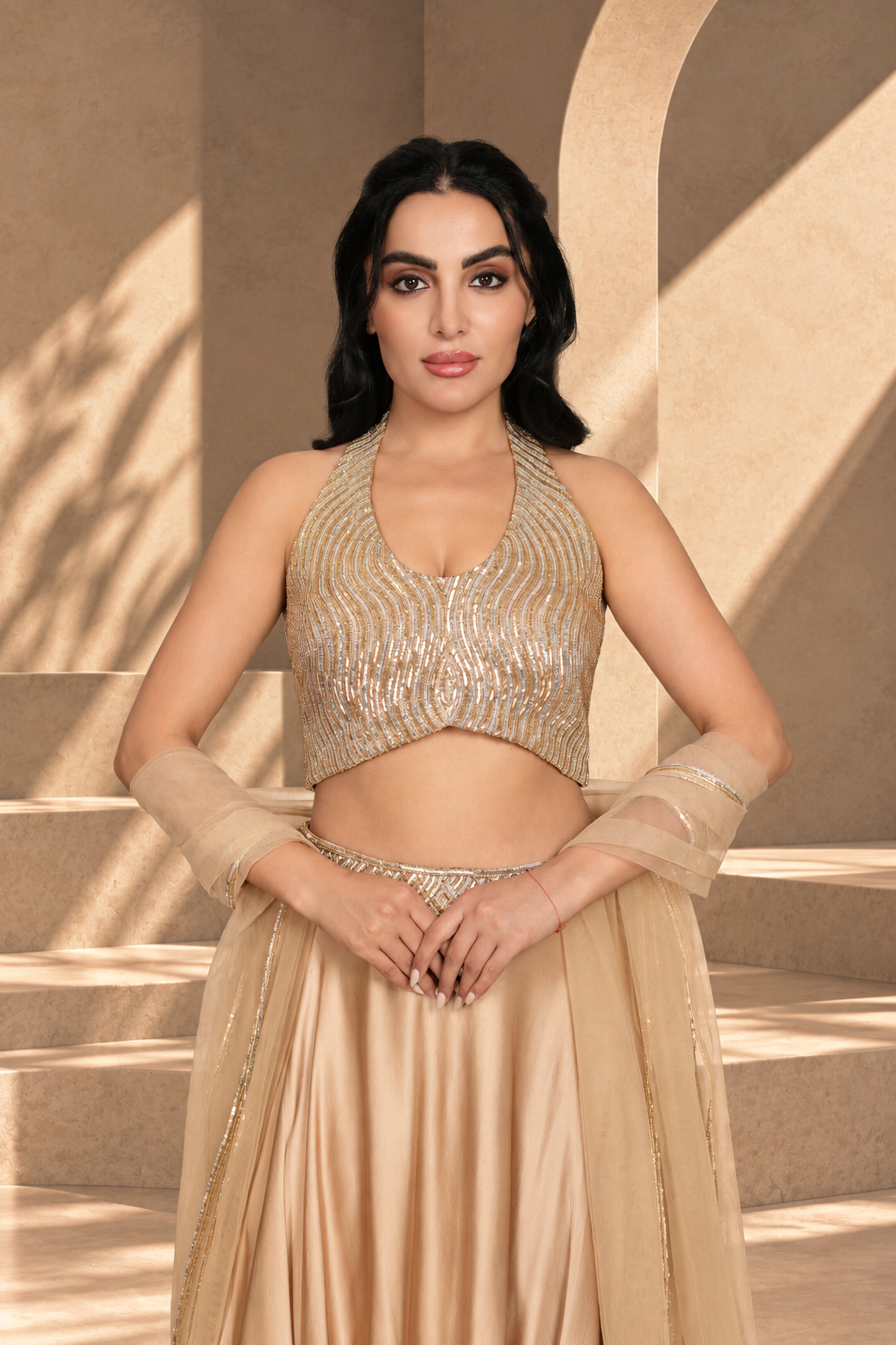 Leher Lehenga Set with Dupatta in Beige gold