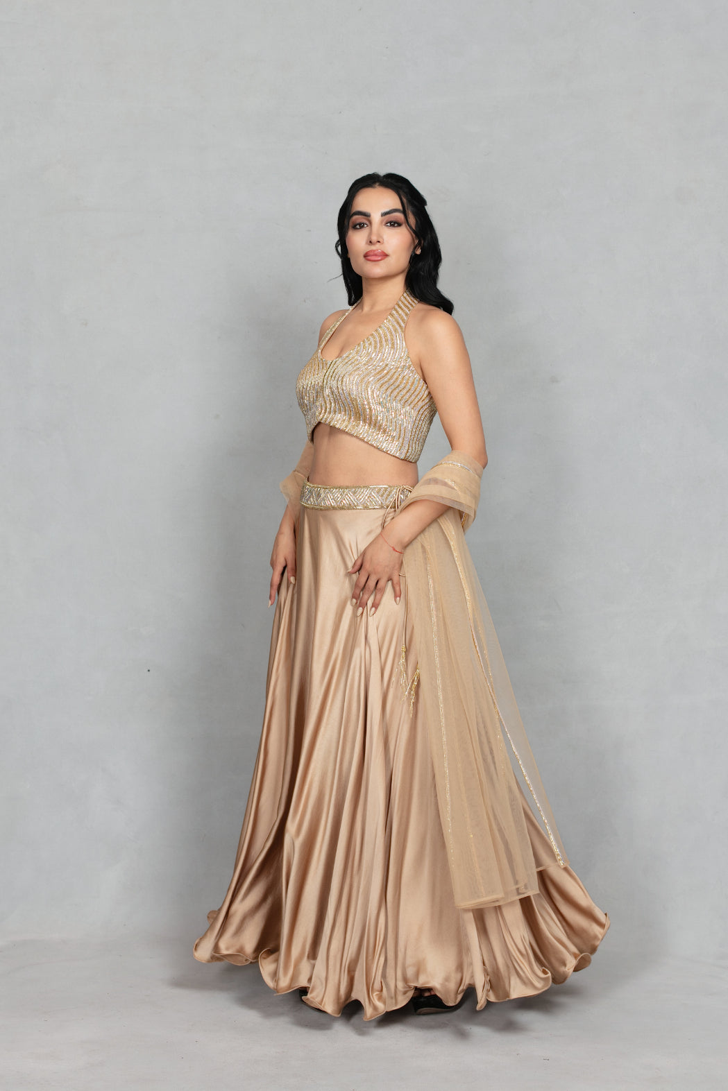 Leher Lehenga Set with Dupatta in Beige gold