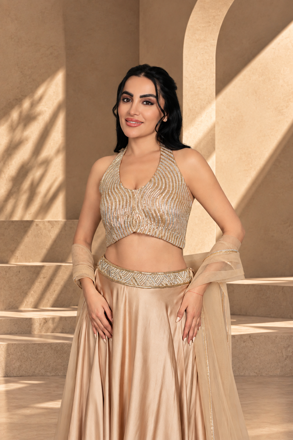 Leher Lehenga Set with Dupatta in Beige gold