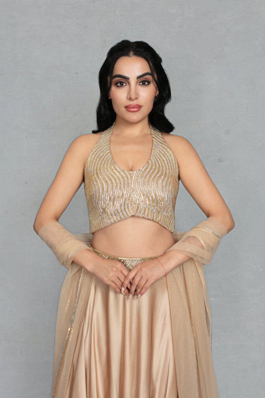 Leher Lehenga Set with Dupatta in Beige gold