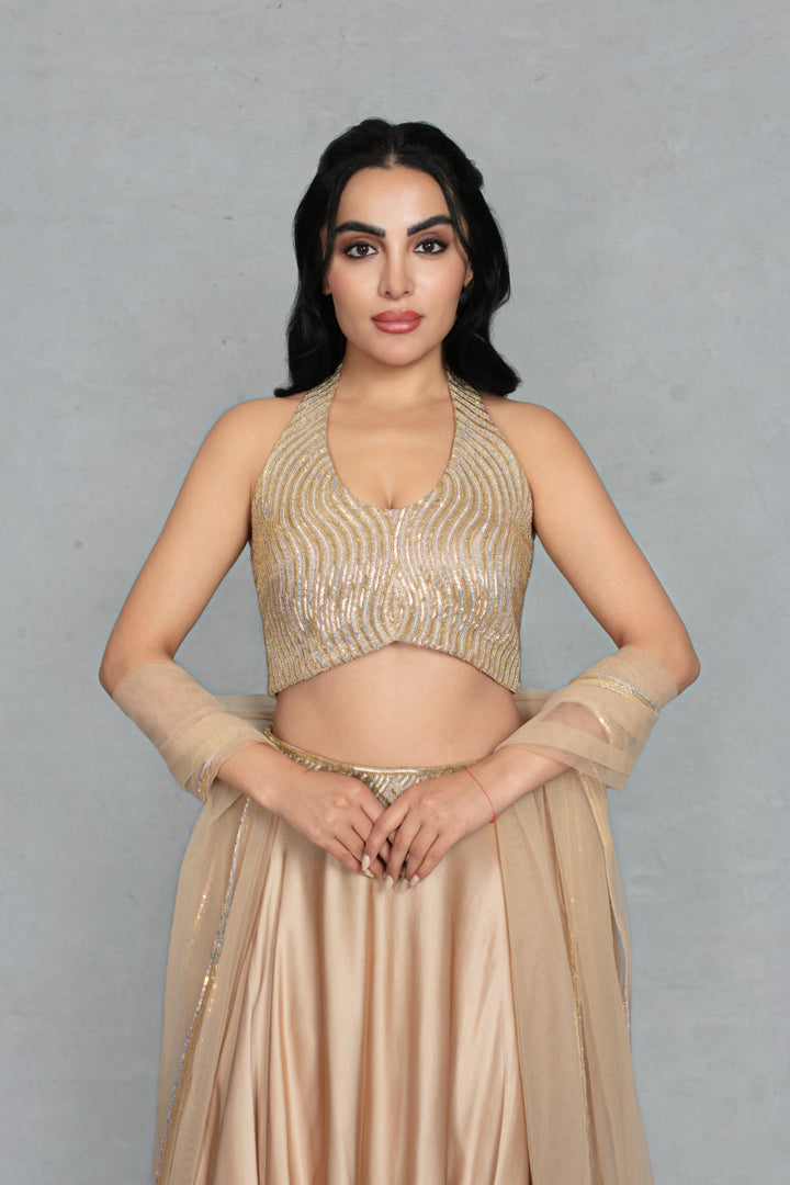 Leher Lehenga Set with Dupatta in Beige gold